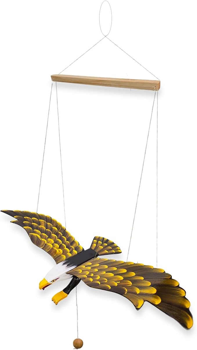 WitnyStore Wooden Bird Mobile 25" Yellow Black Flying Eagle Hand Made Painted Wood Flapping Wing Birds Hanging Ceiling Decor Wind Chimes Handcrafted Animal Decorative Collectible Décor Gifts Souvenirs