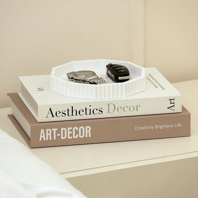 Decorative Plaster Tray & Book Decor Set - Scalloped Tray & Decorative Books Box Enhance Coffee Table or Bookshelf Decor - Modern Home Decoration for Living or Dining Room & as Housewarming Gift