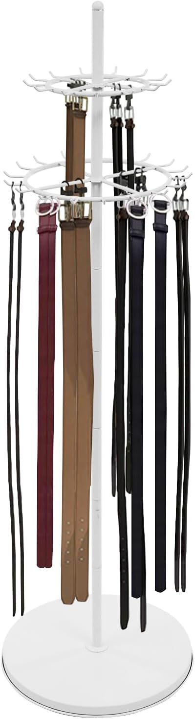 Belt Display Stand with 31 Hooks – White Steel Double-Tier Tie & Scarf Organizer, 66.1" Tall, Heavy Duty Rotating Rack for Belts, Ties, Scarves, Home, Closet, Boutique, Clothing Store