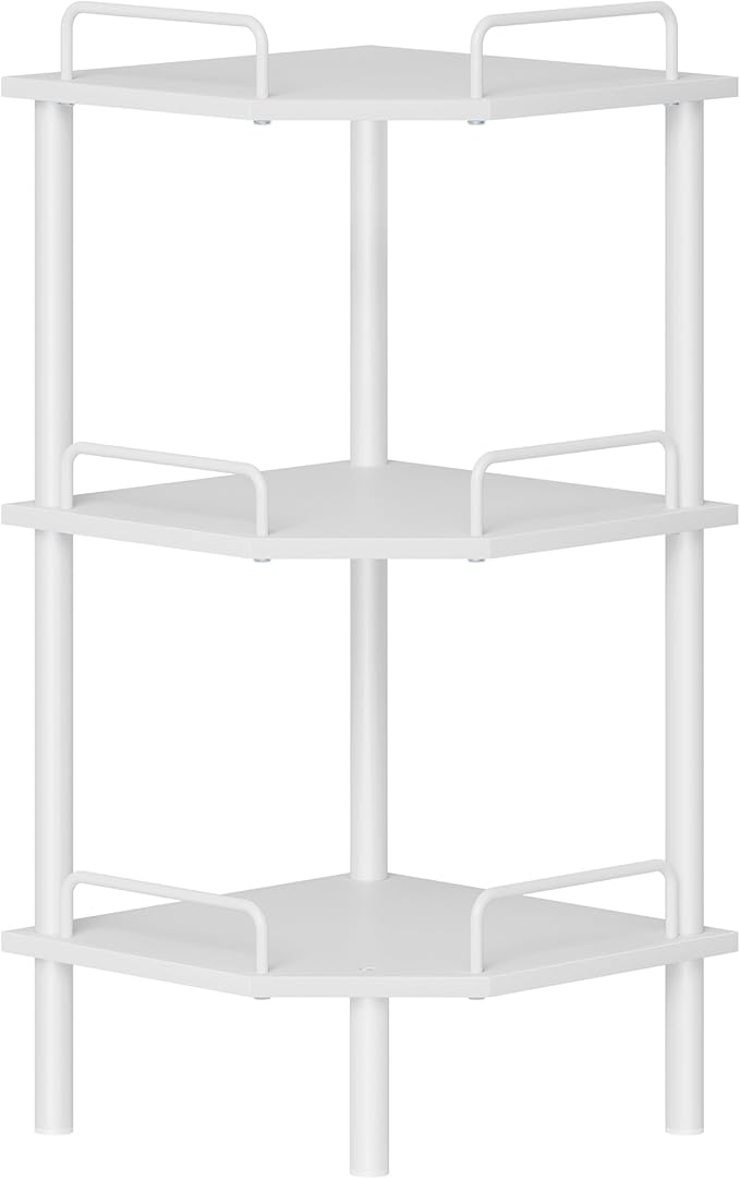 Tajsoon Corner Shelf Stand, 3 Tier Industrial Corner Shelves, Multipurpose Standing Display Shelf, Corner Shelving Unit for Bedroom, Living Room, Office, Kitchen, White