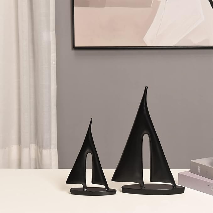 Saysmile Modern Sculptures Home Decor, Sailboat Decor Ornament, Boat Decorations Statue Decor, Art Sculptures and Statues, Sailboat Gifts Home Office Bathroom Shelf Decor (Black-2 Pack)