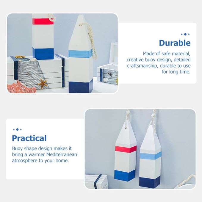 Mediterranean Buoy Ornaments 2 Pack Wooden Buoy Pendants Nautical Themed Wall Decor for Beach House Bedroom Bathroom Fishing Party Decoration 2.75X2.75X10.23In