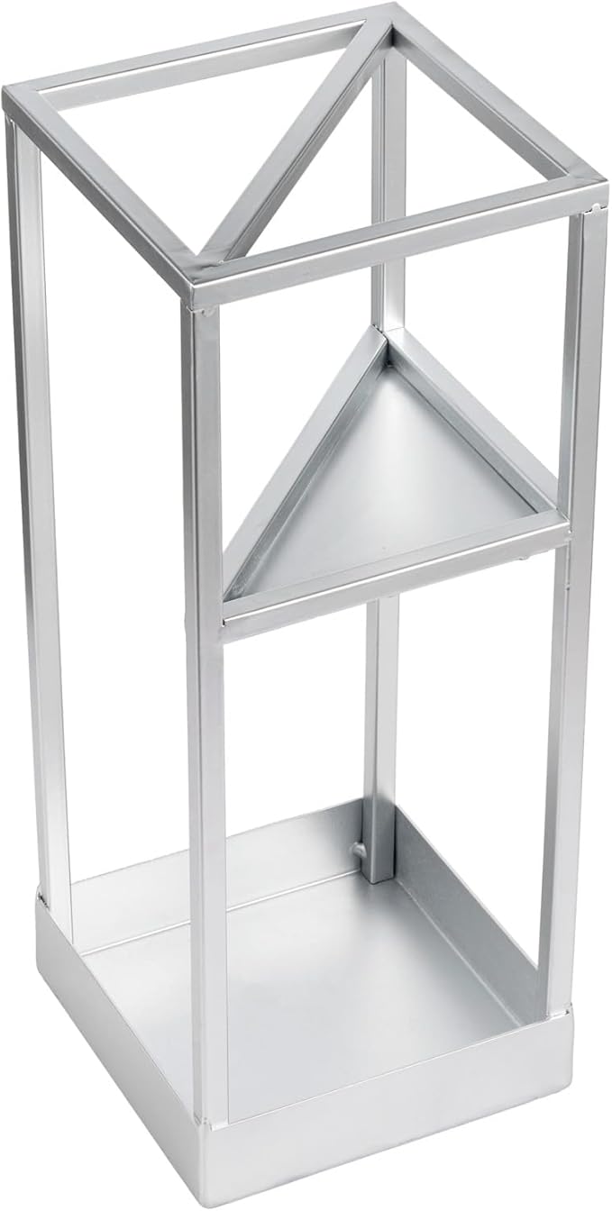 MyGift 20 Inch Tall Modern Silver Tone Metal Geometric Freestanding Entryway Umbrella Rack or Cane Holder with Shelf for Small Umbrellas and Bottom Drip Tray