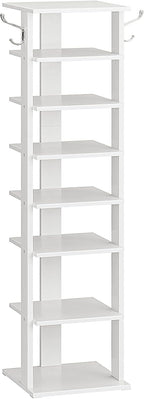 HOOBRO 8 Tiers Vertical Shoe Rack, Wooden Shoe Storage Organizer with Hooks, Narrow Shoe Tower for 8 Pairs, Space Saving, for Entryway, Living Room, Bedroom, White WT07XJ01G1