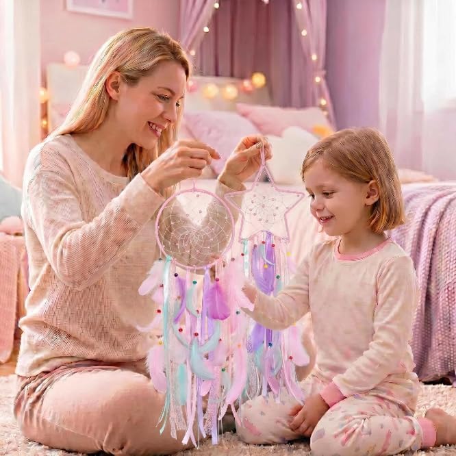 3 Pack Pink Star Moon Sun Dream Catcher - Pink Dream Catchers for Girls, Teen Girl Room Decor, Grils Bedroom Decoration