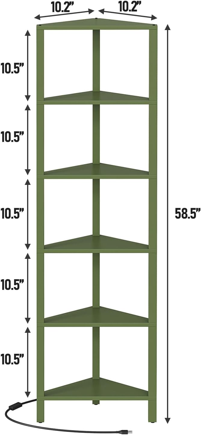 TUTOTAK Corner Shelf with LED Light, 6-Tier Corner Bookshelf for Small Space, Narrow Display Corner Shelf Stand with Storage Rack, for Living Room, Bedroom, Olive Green BS05BOG006L