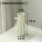 Origami Ceramic Vase with Ribbon, 7.9" H, Artistic Design Flower Vase Geometrical Style for Modern Home Decoration