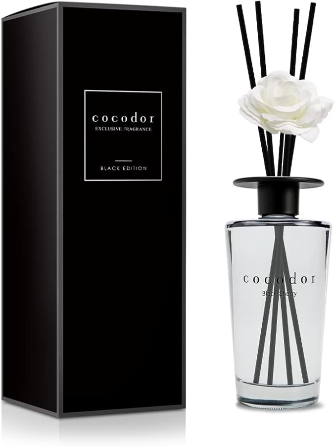 COCODOR White Flower Reed Diffuser / Black Cherry / 1 Pack / Home & Office Decor Aromatherapy Diffuser Oil Gift Set / Large Size, Large Capacity, Big Size Diffuser, Black Edition/16.9Ounce(500 ml)