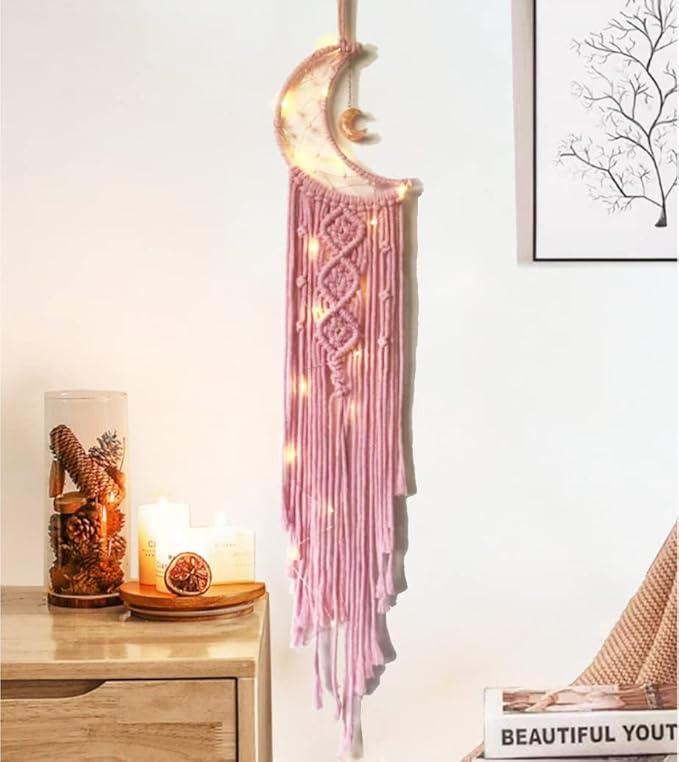 Dream Catchers Pink Dream Catcher for Girls Bedroom Wall Decor for Women, Moon Dream Catcher with Light, Macrame Dreamcatcher Boho Room Decor for Teen Girls Birthday Gifts for Women Bedroom Decor