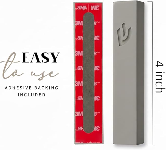 SURI Mezuzah for Door – 4 Inch Light Gray Concrete Mezuzah Case with Printed Scroll, Judaica Entry Design, Fits a 3 Inch Mezuza Scroll, Gift Box Included