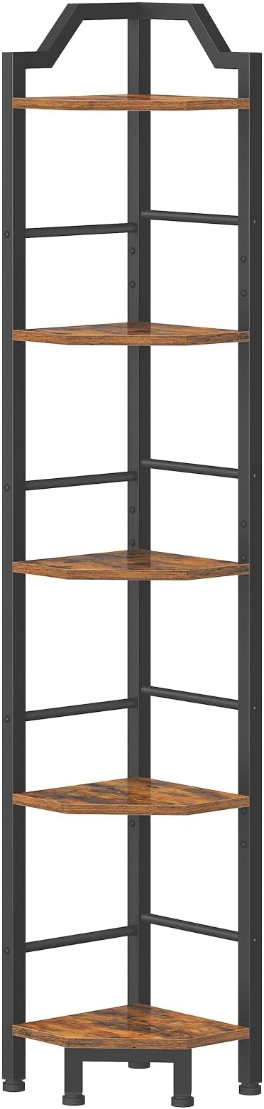 HOOBRO Narrow Corner Shelf Stand, 5-Tier Corner Shelf, 63” Tall Multipurpose Corner Bookshelf, Standing Display Shelf Plant Stand, for Living Room, Study, Kitchen, Rustic Brown and Black BF100CJ01