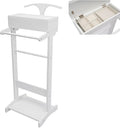 Wood Mens Valet Stand Clothes with Shoe Shelf, Coat Hanger and Hat Rack, Freestanding Suit Stand&Clothes Butler Valet Stand with Hanger, Mens Valet Stand with Storage Organizer (White)