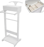 Wood Mens Valet Stand Clothes with Shoe Shelf, Coat Hanger and Hat Rack, Freestanding Suit Stand&Clothes Butler Valet Stand with Hanger, Mens Valet Stand with Storage Organizer (White)