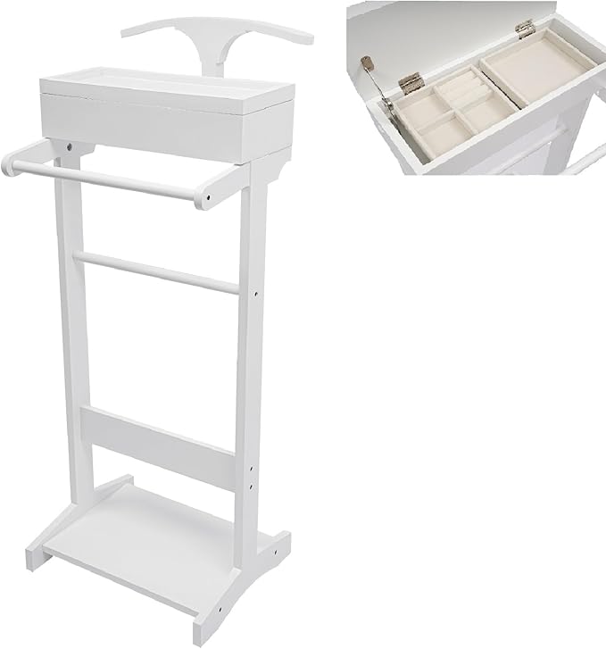 Wood Mens Valet Stand Clothes with Shoe Shelf, Coat Hanger and Hat Rack, Freestanding Suit Stand&Clothes Butler Valet Stand with Hanger, Mens Valet Stand with Storage Organizer (White)