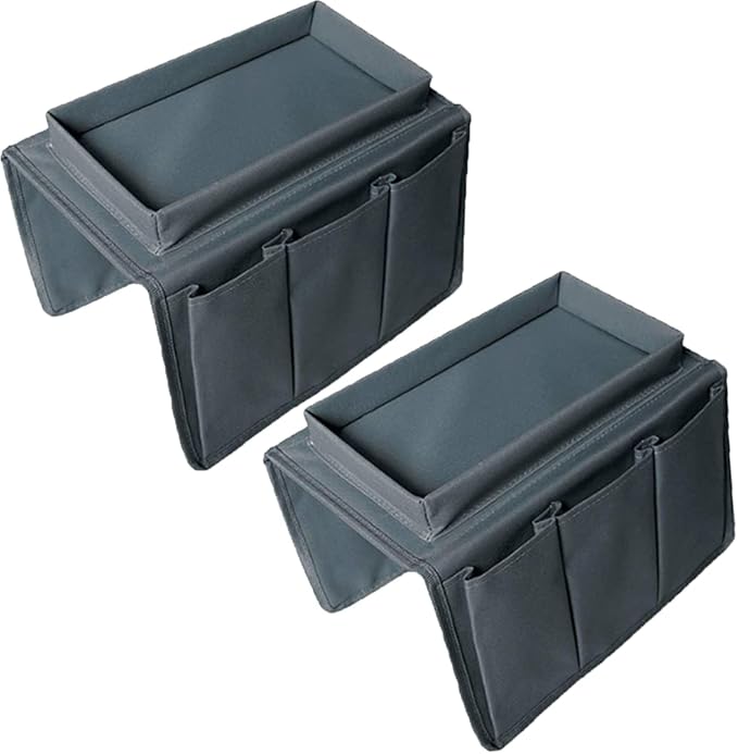 Sofa Armrest Organizer, Couch TV Remote Storage Organizer with Pockets for Recliner Armchair Snacks Glasses Smartphone Magazines Pouch (Grey+Grey)