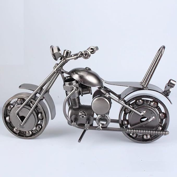 TRANSGOOD Handmade Motorcycle Model with Rolling Wheels, 9" Vintage Steampunk Bike Sculpture, Heavy-Duty Iron Desk Decor, Unique Biker Gift for Dad Husband, Industrial Man Cave Office Home Art (B02)