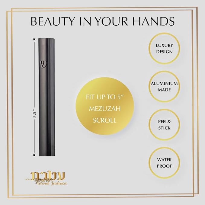 Pack of 5 Matte Black Aluminum Waterproof Mezuzah Case, Fit up to 5" / 12cm Mezuzah Scroll, with Embossed Matte Black SHIN, Easy Peel and Stick (Scroll Not Included)