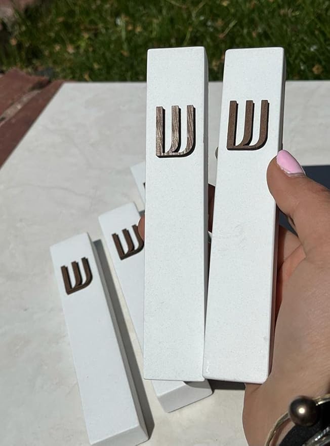 A&S Mezuzot Modern Concrete Mezuzah Case with Scroll, Easy Peel and Stick Mezuza (White+ Wood Shin, 11 Inches)