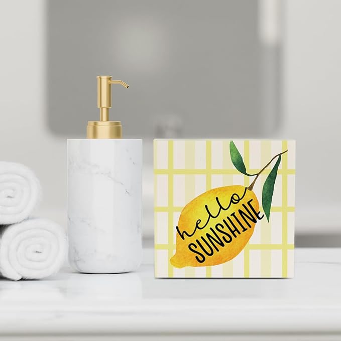 IYEZH Lemon Decor Farmhouse Lemon Wooden Box Sign Rustic Country Hello Sunshine Lemon Box Sign Wood Sign Decor Summer Square Wood Sign Home Kitchen Desk Tabletop Shelf Decor 5 x 5