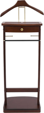 Suit Valet Stand for Men and Women, Wood Suit Stands Butler Clothing Rack, Floor Standing Clothes Valet with Drawer, Top Tray, Contour Hanger, Trouser Bar, Belt Hooks & Shoe Rack (Walnut Color)