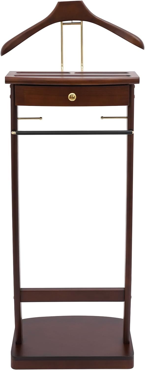 Suit Valet Stand for Men, Wood Freestanding Clothing Rack with Drawer, Top Tray, Contour Hanger, Trouser Bar, Tie & Belt Hooks and Shoe Rack Suit Stand
