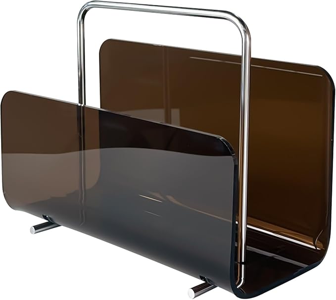 Magazine Holder, Brown Clear Acrylic with Stainless Steel Handle, Tabletop Display Stand