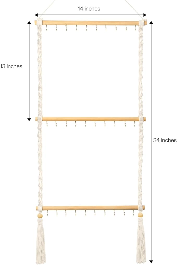 Hanging Jewelry Organizer Macrame Necklace Holder, with 30 Hooks, Over Door Necklace Rack, Wall Mounted Jewelry Hanger with Tassel Boho for Necklace Headband Bow Earring Bracelet