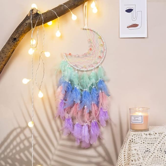Moon Dreamcathers, Handmade Crescent Design Dream Catchers for Room Wall Decor, Feather Hanging Boho Ornament for Home Decoration Festival Gift