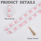 CREATCABIN 42 Inch Wood Bead Garland Decor Rustic Country Farmhouse Boho Home Pink White Wooden Beads Tassel Wall Hanging Ornaments for Coffee Table Wall Shelf Tray Vase Living Room Bedroom