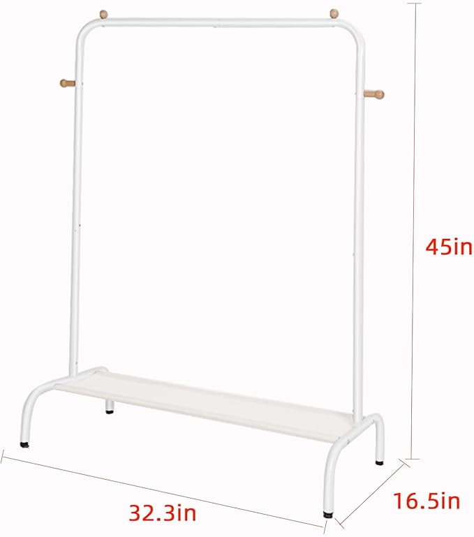 Kids Clothing Rack - Garment Rack with Bottom Storage Shelf for Children, Small Baby, & Toddler, Clothes Organizer, Shirts, Dresser, Hat, Backpack, Bedroom, White