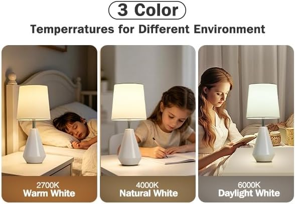 Small Bedside Table Lamp for Bedroom - Reading Desk Lamp with 3 Color Temperatures，15.5" Nightstand Ceramic Lamp with Fabric Shade for Kids Room,Living Room,Dorm,Home Office (White)