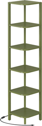 TUTOTAK Corner Shelf with LED Light, 6-Tier Corner Bookshelf for Small Space, Narrow Display Corner Shelf Stand with Storage Rack, for Living Room, Bedroom, Olive Green BS08BOG006L