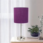 Oslo 19.5" Contemporary Bedside Power Outlet Base Standard Metal Table Desk Lamp in Brushed Steel with Purple Drum Fabric Shade