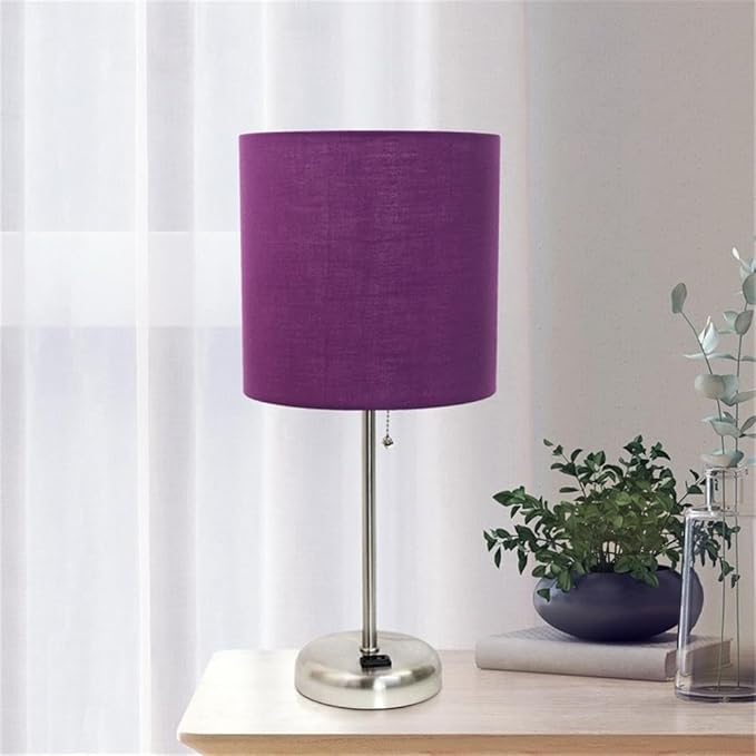 Oslo 19.5" Contemporary Bedside Power Outlet Base Standard Metal Table Desk Lamp in Brushed Steel with Purple Drum Fabric Shade