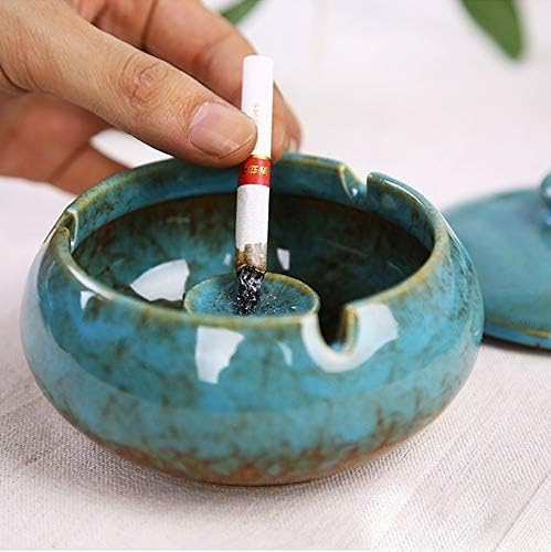 Lependor Ceramic Ashtray with Lids, Windproof, Cigarette Ashtray for Indoor or Outdoor Use，Ash Holder for Smokers,Desktop Smoking Ash Tray for Home Office Decoration - Blue