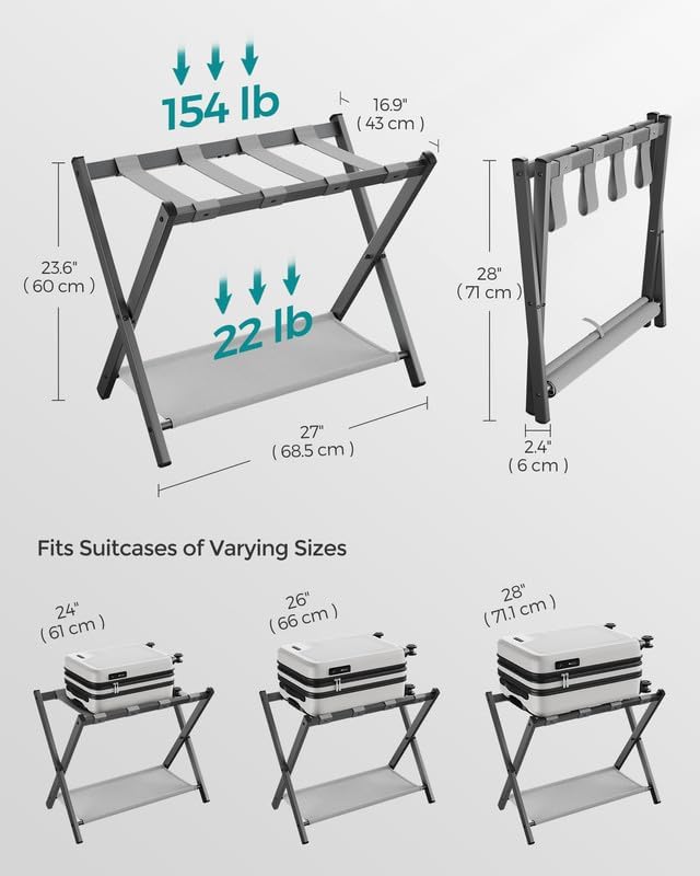SONGMICS Luggage Rack for Guest Room, Suitcase Stand with Storage Shelf, Steel Frame, Foldable for Easy Storage, Hotel, Bedroom, Slate Gray URLR003G01