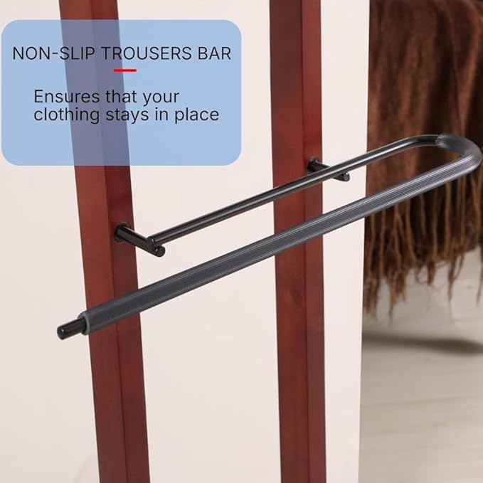 Wooden Suit Valet Stand with Contour Hanger Trouser Bar and Accessory Tray Elegant Wardrobe Organizer for Men Bedroom Closet and Office Mahogany Finish