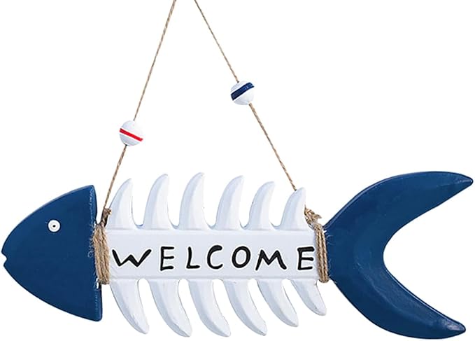 Miyolo Fish Wall Decor Mediterranean Beach Themed Welcome Sign Wooden Fish Skeleton Nautical Ornament for Kids Room Kindergarten School Bathroom 10.8" x 3.8" Porch Door Hanging Decorations
