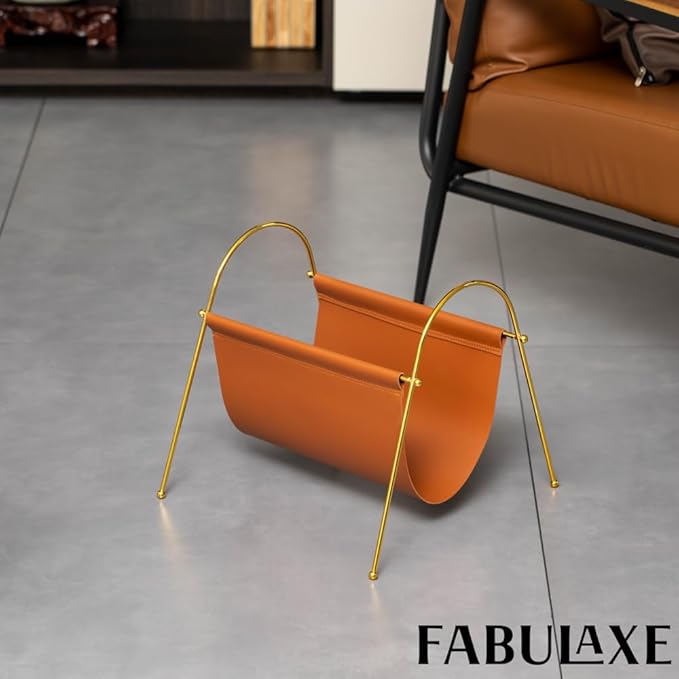 Fabulaxe 12-in Gold-Tone Metal Frame with Brown Leatherette Sling Magazine Holder for Living Rooms, Home Offices, and Waiting Areas - for Office Desk Accessories, Organizing Magazines and Newspapers