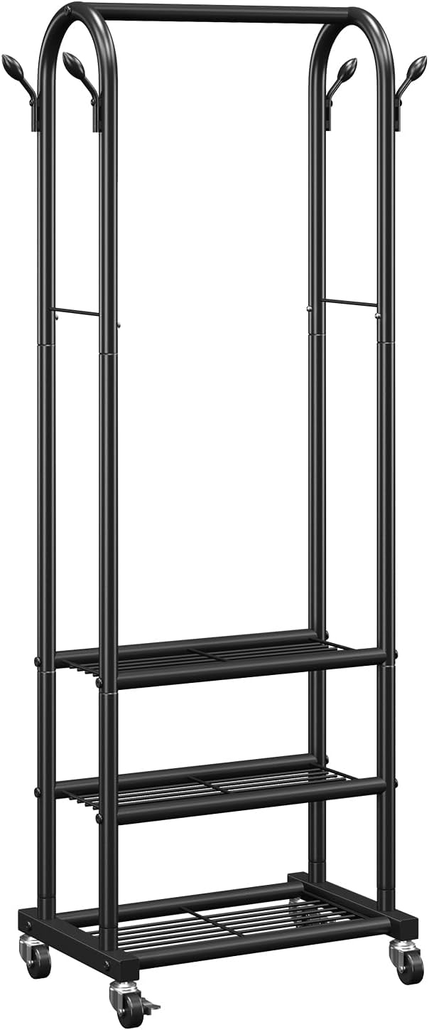 VEVOR Clothes Rack, Rolling Clothing Garment Rack with Hanging Rod and Side Hooks, 3 Storage Shelves, 99 lbs Load Capacity, Heavy Duty Carbon Steel Clothing Racks for Bedroom, Laundry, Living Room