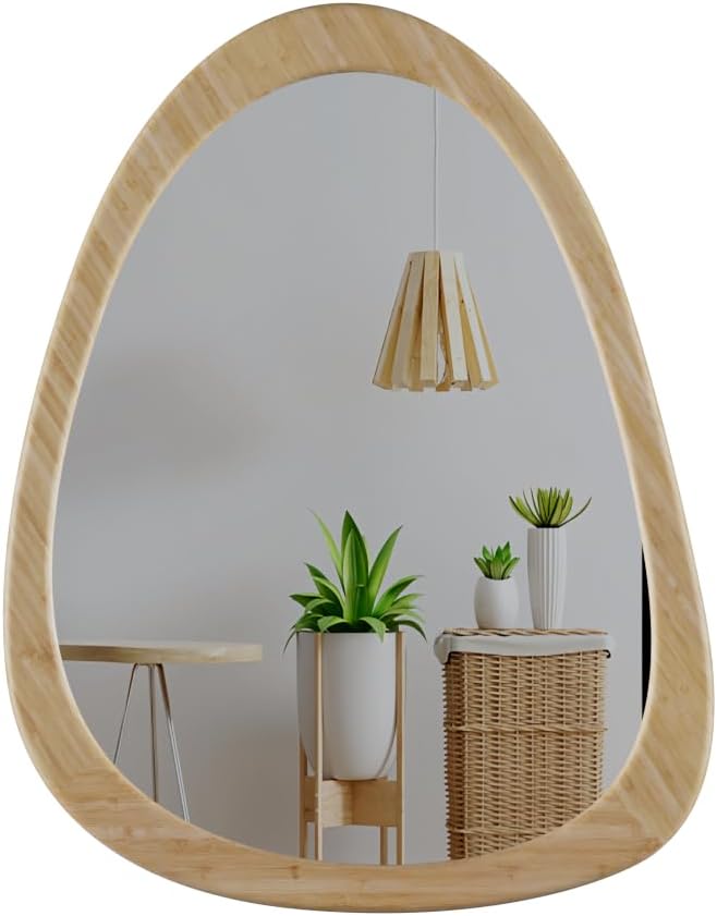 22.5" x 17.5" Irregular Wall Mirror, Natural Wooden Framed Asymmetrical Wall Mirror for Living Room Bedroom Bathroom Entryway, Modern Decorative Hanging Hook