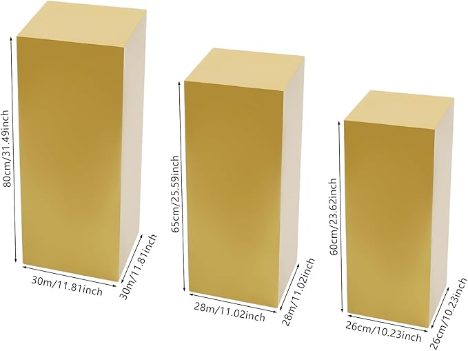 3Pcs Square Display Pedestal Stands Set for Party, Metal Display Stand Plinth Pillars, Cake Stands Pillars for Wedding Birthday Art Decor Risers, 11.8*31.5" (L), 11.02*25.6" (M), 10.24*23.6" (S)