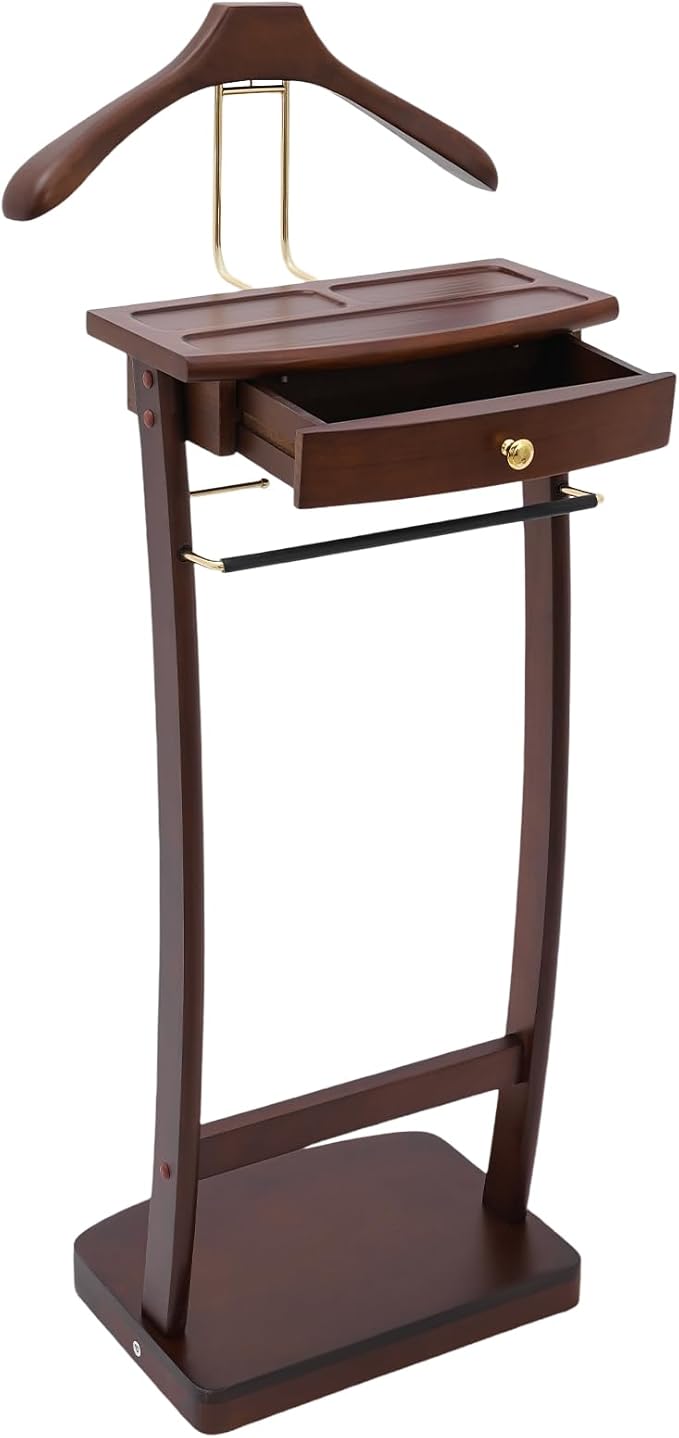Valet Stand with Drawer and Top Tray, Wood Mens Suit Valet Stand with Wood Base, Freestanding Clothes Valet Stand with Hanger, Storage Organizer for Entryway Office Living Room (A, Walnut Color)