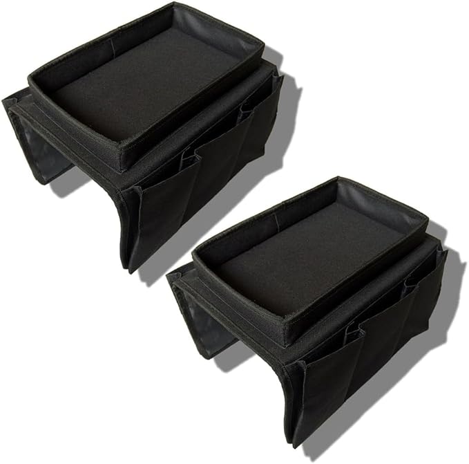 Sofa Armrest Organizer, Couch TV Remote Storage Organizer with Pockets for Recliner Armchair Snacks Glasses Smartphone Magazines Pouch (Black+Black)