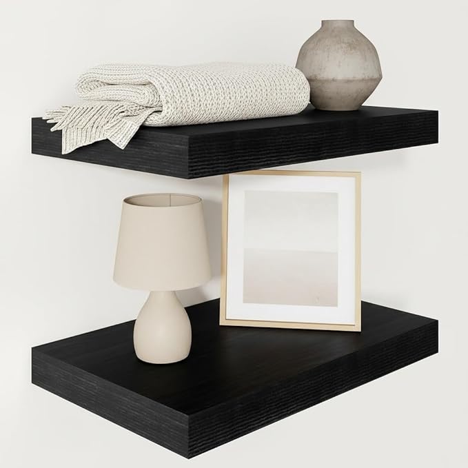 Vivelove 2" Thick Floating Shelves for Wall 16 Inches Long, 12" Deep Wall Shelves, for Bedroom, Bathroom, Living Room, Kitchen, Office, Modern Home Decor, 16" X 12" X 2", Set of 2, Black