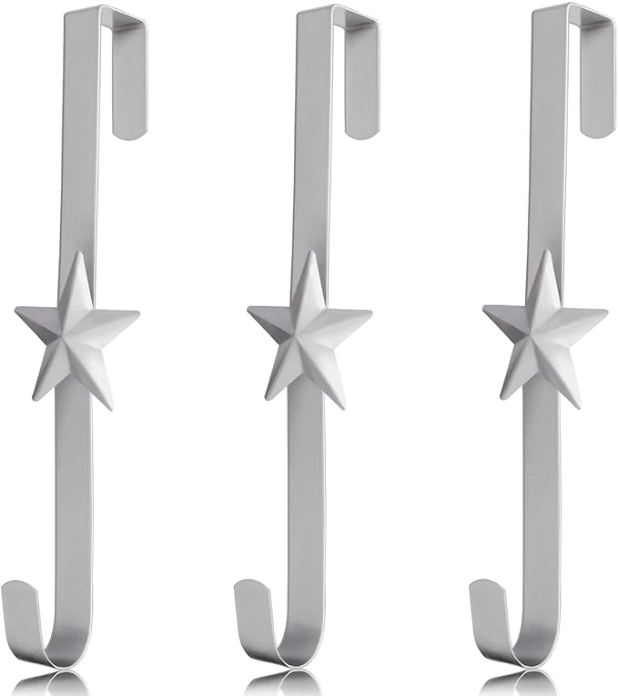 3 Pcs 15 Inch Wreath Hanger for Front Door Star Pattern Garland Hanger Over The Door Metal Door Wreath Decoration Hanger Hook for Various Festive Wreaths Hanging Towels Coats Etc (Silver)