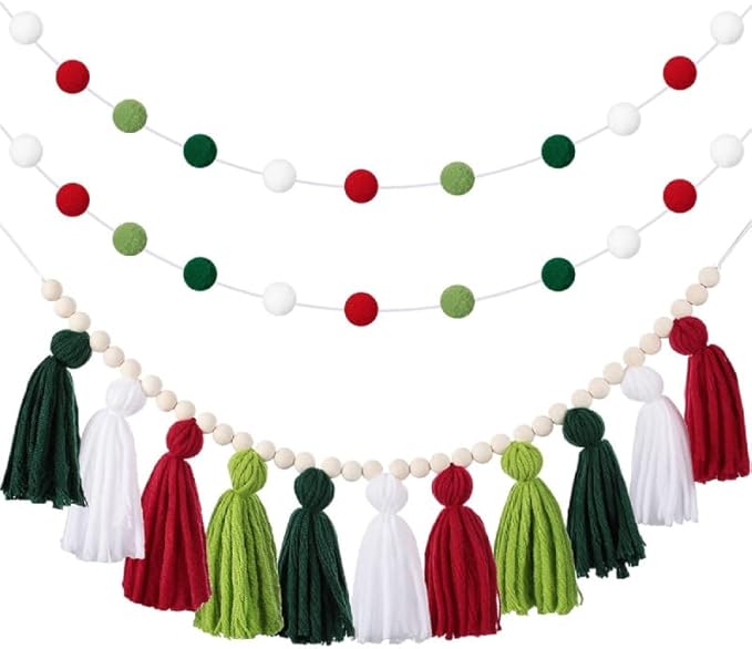 3PCS/Set Boho Tassel Garland,BetterJonny Boho Tassel Garland Wall Hanging Decor Pastel Banner with Wood Beads and 2Pcs Pom Pom Felt Ball for Home and Outdoor Decor