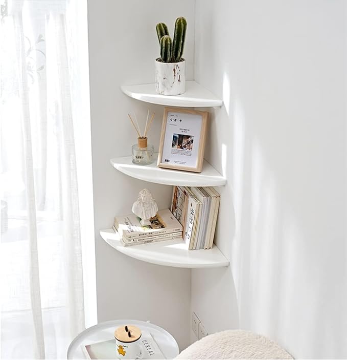 White Corner Shelf, Wall Mount 12inch Natural Oak Wood Floating Corner Wall Shelf Round End Small Corner Nightstand Plant Shelf for Bedroom, Kitchen, Living Room Set of 2