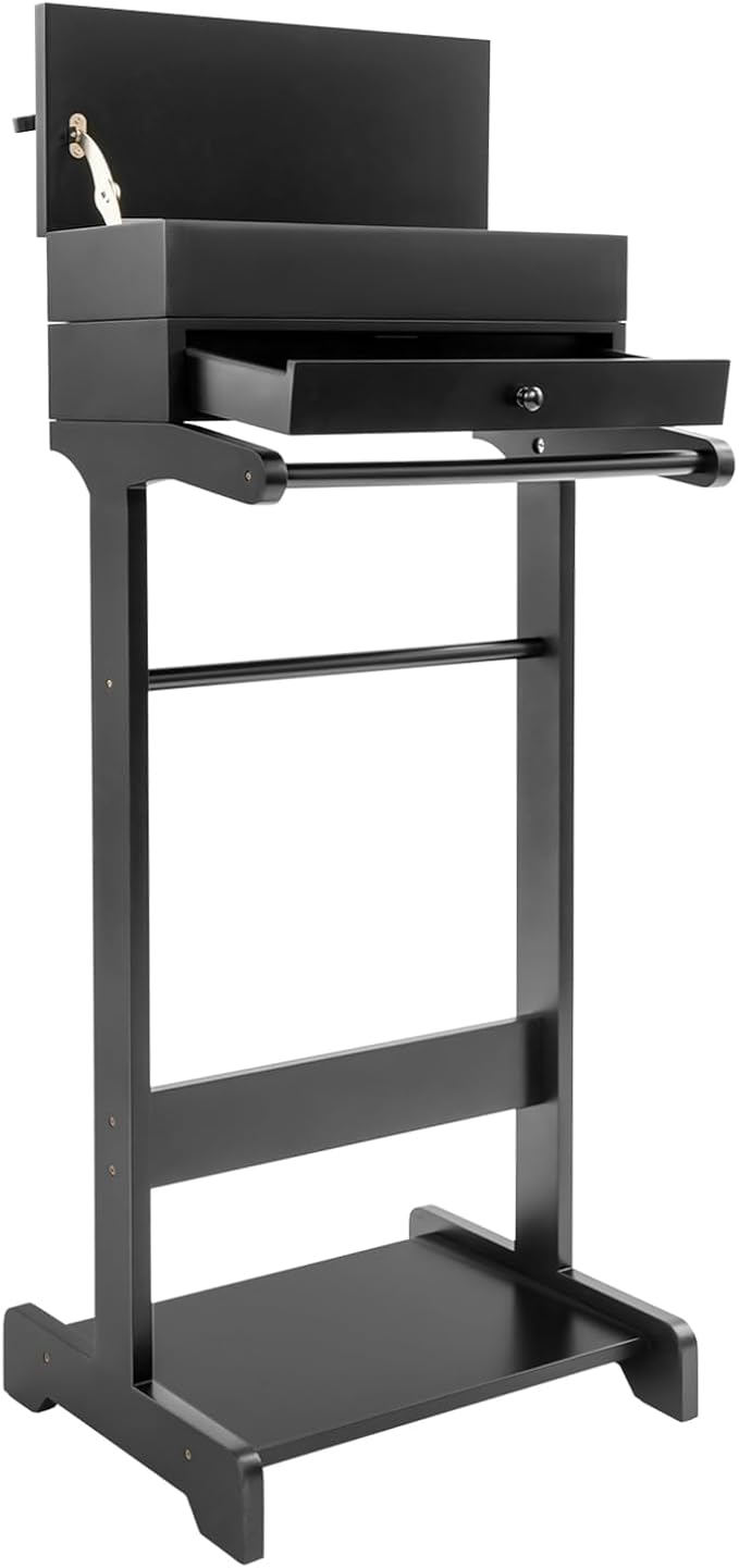 Suit Valet Stand with Drawer, Wooden Clothes Valet Organizer for Men, Mens Valet Stand with Top Tray, Freestanding Suit Hanger with Trouser Bar, Shoe Rack, Black