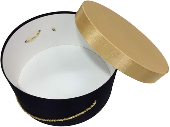 Sarah's Hat Boxes Classic Black/Gold Hat Box – 16.75" x 8.5" (Dia. x Ht.) Handmade in USA – Odorless Non-Toxic Adhesive, Cording Handle – Premium Storage for Hats & Accessories
